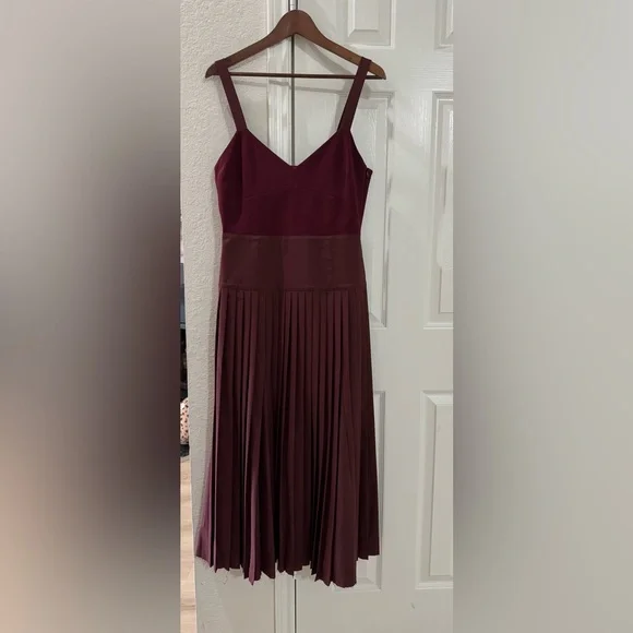 La Ligne Zelda Burgundy Pleated Midi Dress Elegant and Timeless